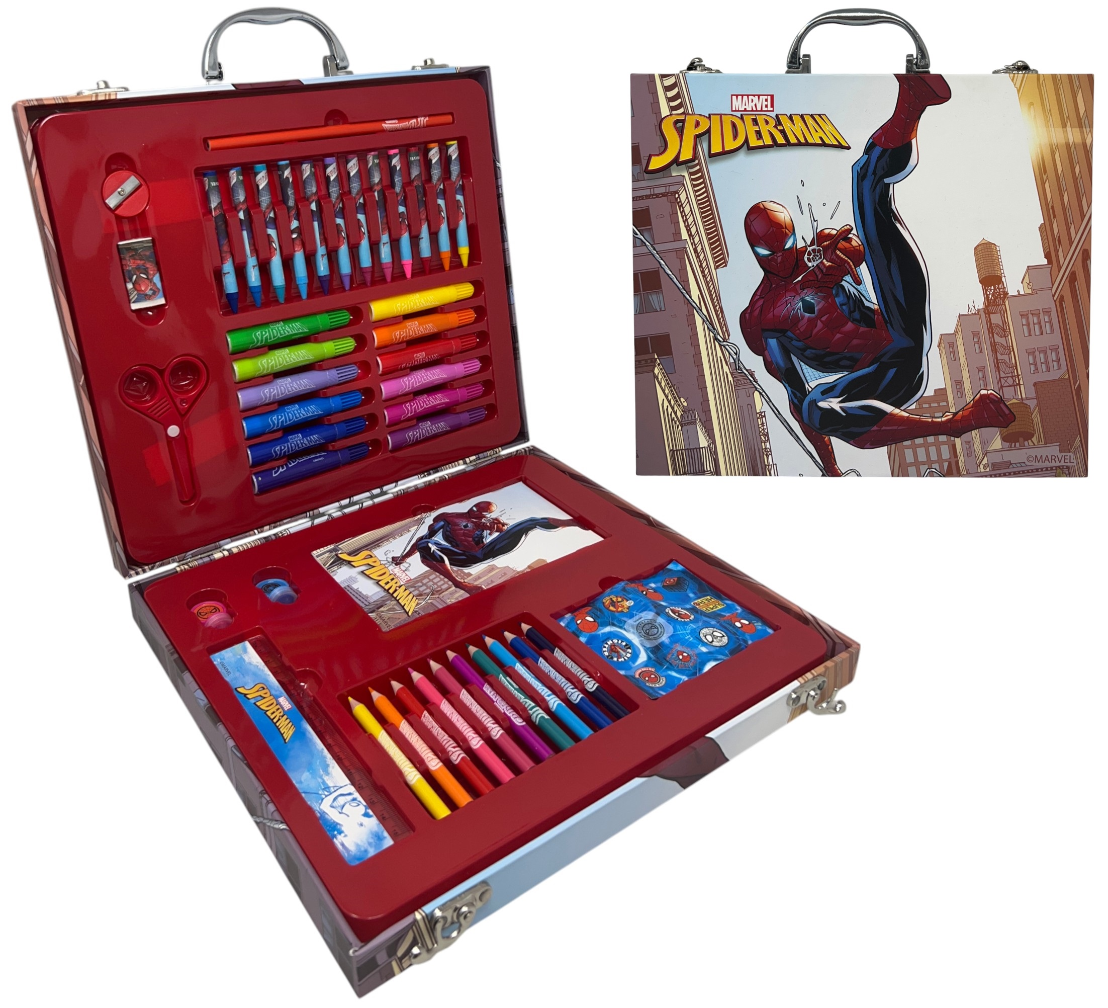 Valigetta 55 Pezzi Spiderman MARVEL Scatola Colori Cancelleria Stickers per Bambini - 1847