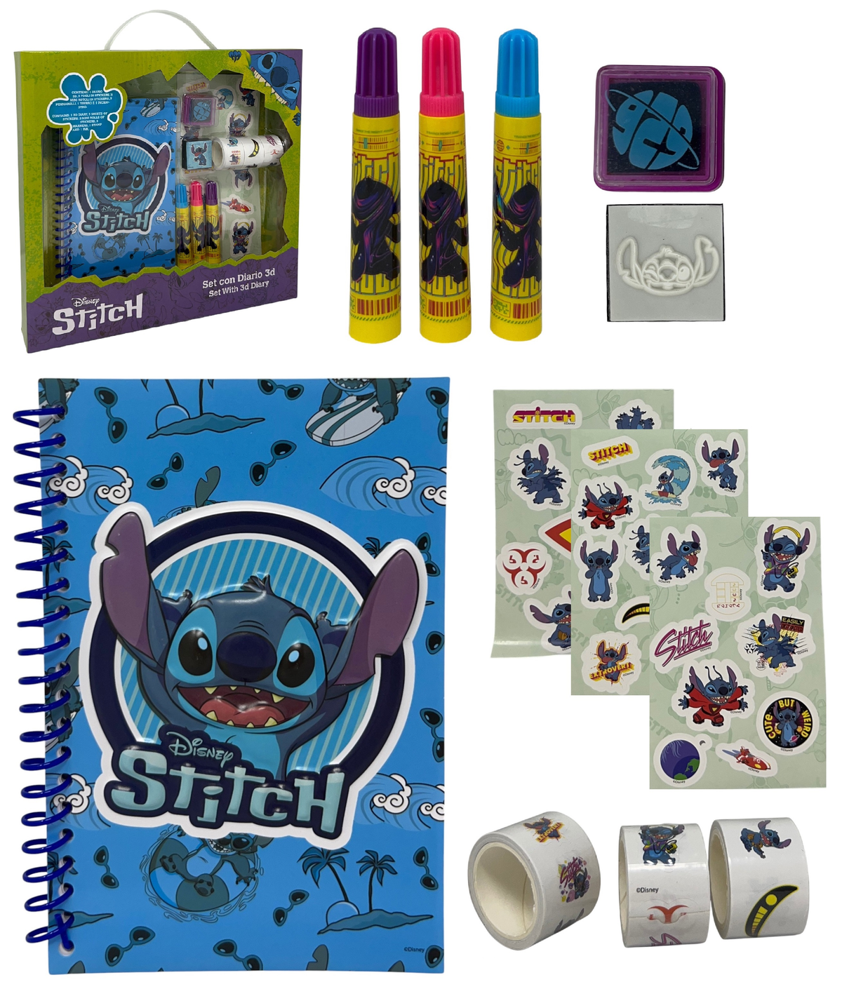 Agenda con Accessori Stitch DISNEY Set Cancelleria 12 Pezzi Diario Stickers Colori - Lst1054