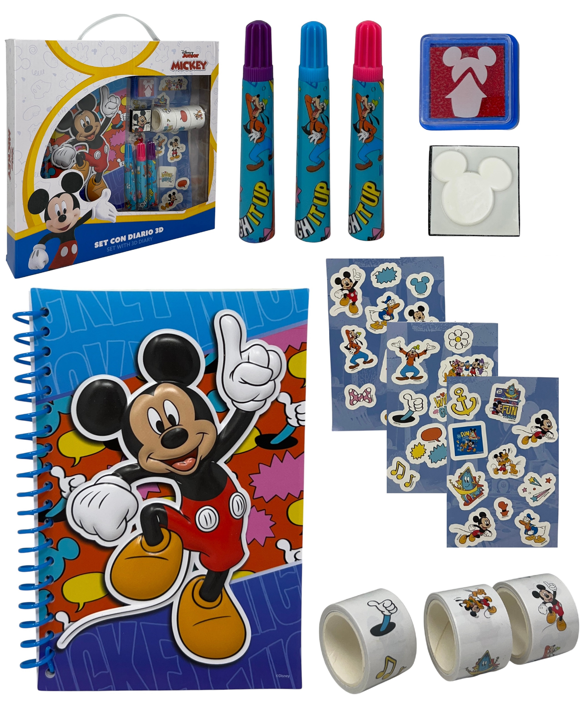 Agenda con Accessori Topolino DISNEY Set Cancelleria 12 Pezzi Diario Stickers Colori - Mic1054