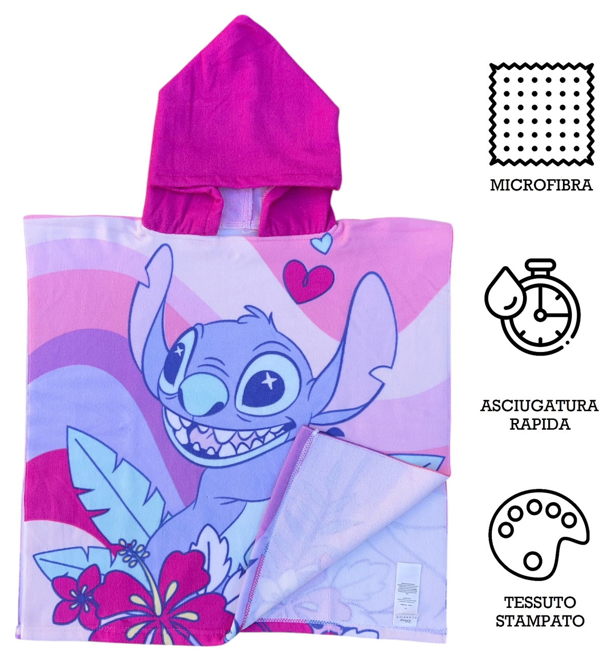 Poncho Mare Stitch e Angel DISNEY 110 X 55 CM Accappatoio per Bambini Microfibra - Ye18064