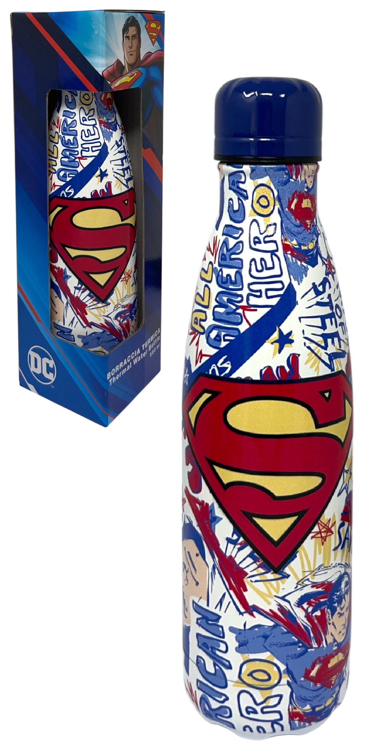 Borraccia Termica Superman in Acciaio Inox Bottiglia con Tappo Svitabile 500 Ml - L09098te/b