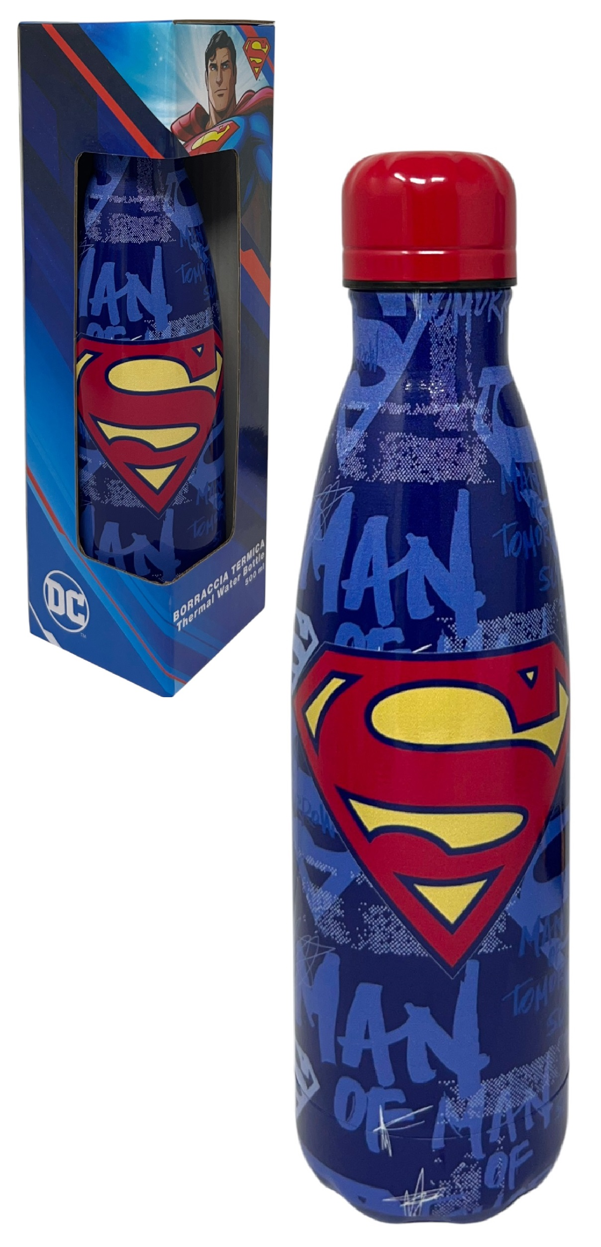 Borraccia Termica Superman in Acciaio Inox Bottiglia con Tappo Svitabile 500 Ml - L09098te/blu