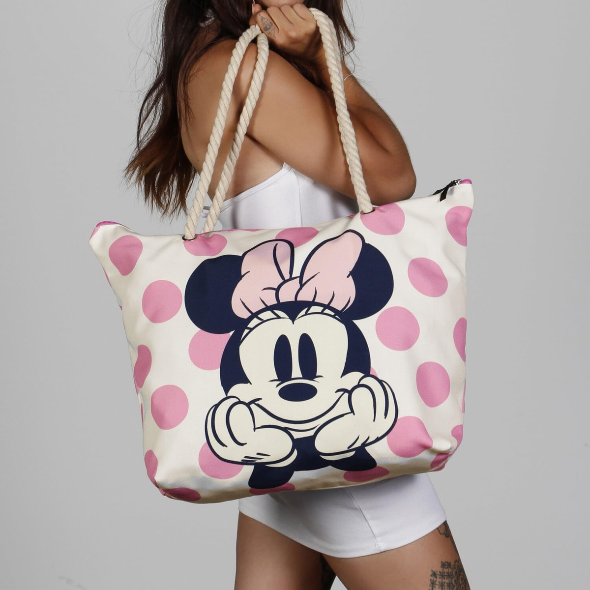 Borsa Mare Minnie Mouse DISNEY Vintage in Tessuto con Manici e Cerniera da Spiaggia - 07036
