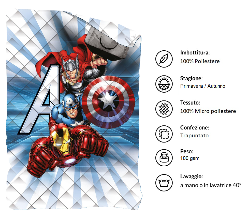 Trapuntino Doubleface Avengers MARVEL Coperta Copriletto Trapuntato 100 Gsm Letto Singolo 170x250 CM - Ave1761