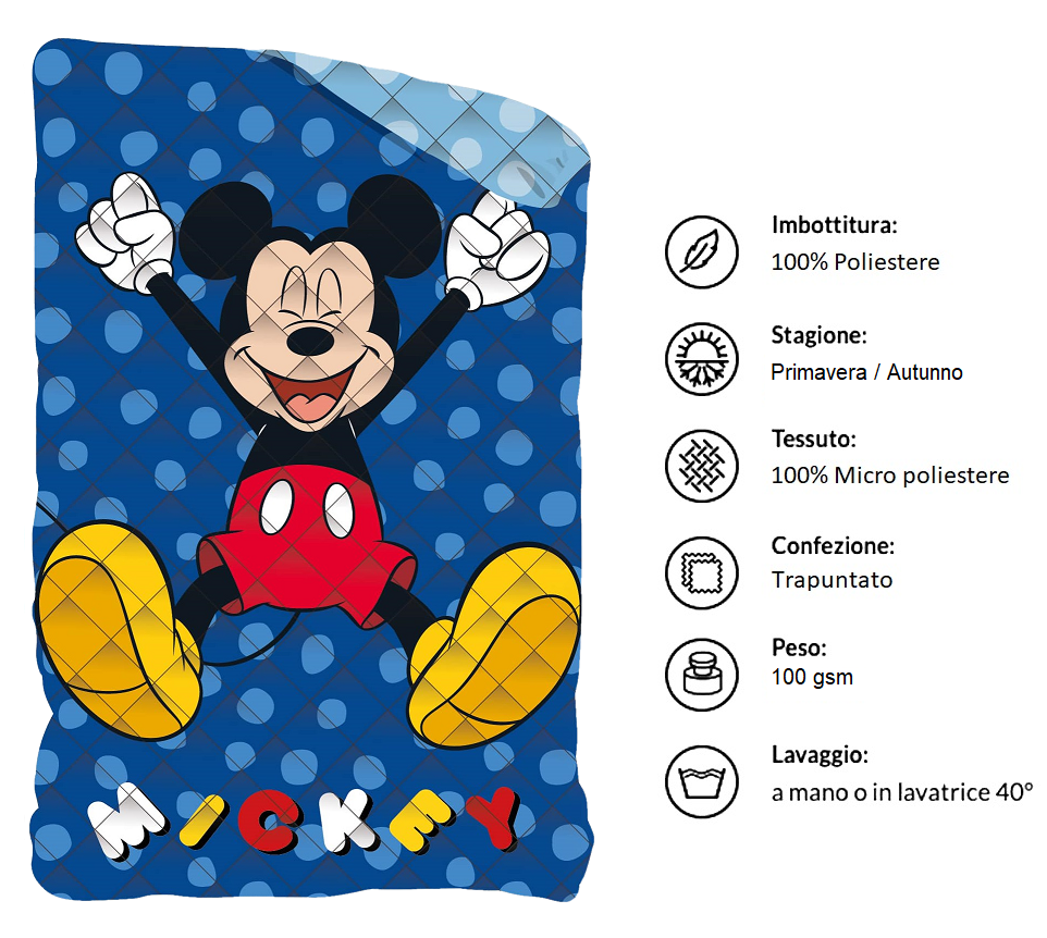 Trapuntino Doubleface Topolino DISNEY Coperta Copriletto Trapuntato 100 Gsm Letto Singolo 170x250 CM - Mic1769