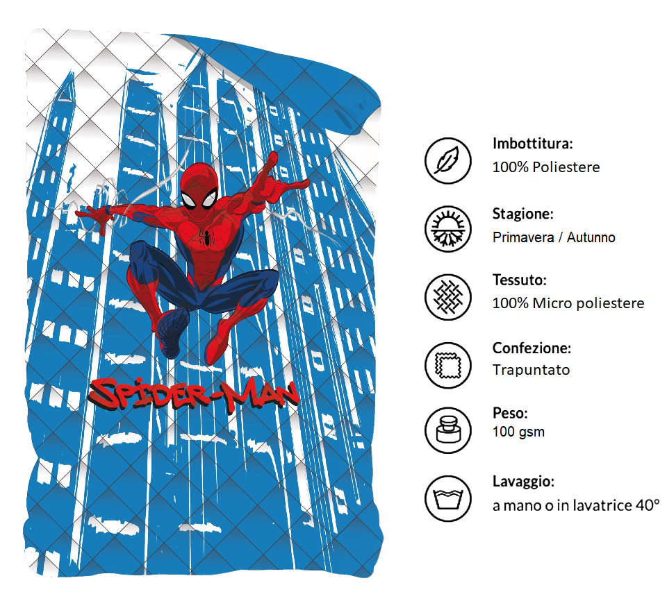 Trapuntino Doubleface Spiderman MARVEL Coperta Copriletto Trapuntato 100 Gsm Letto Singolo 170x250 CM - Spm1780