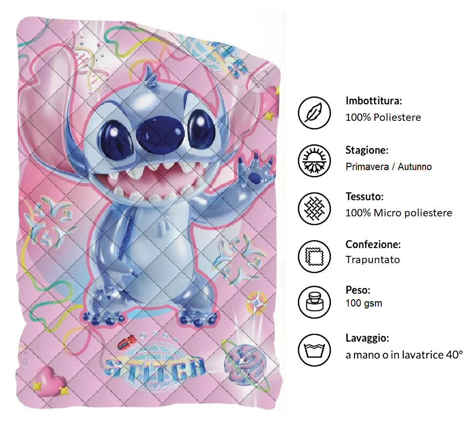 Trapuntino Doubleface Stitch e Angel DISNEY Coperta Copriletto Trapuntato 100 Gsm Letto Singolo 170x250 CM - Sti1785