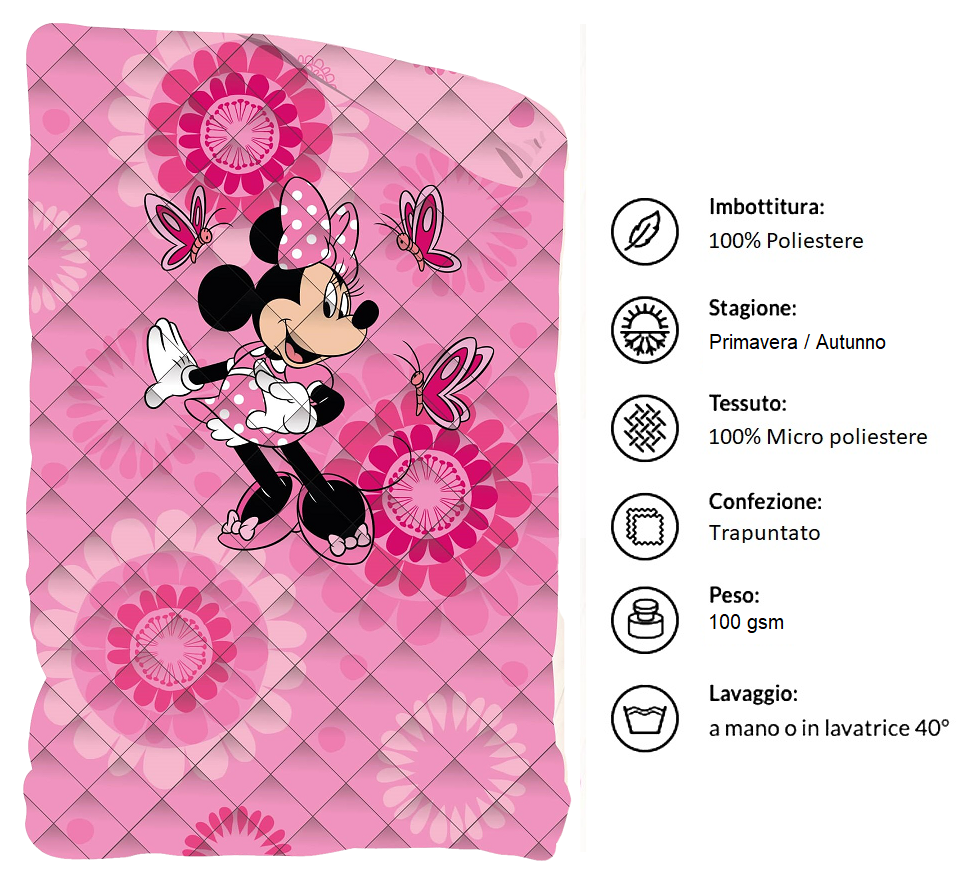 Trapuntino Doubleface Minnie DISNEY Coperta Copriletto Trapuntato 100 Gsm Letto Singolo 170x250 CM - Min1770