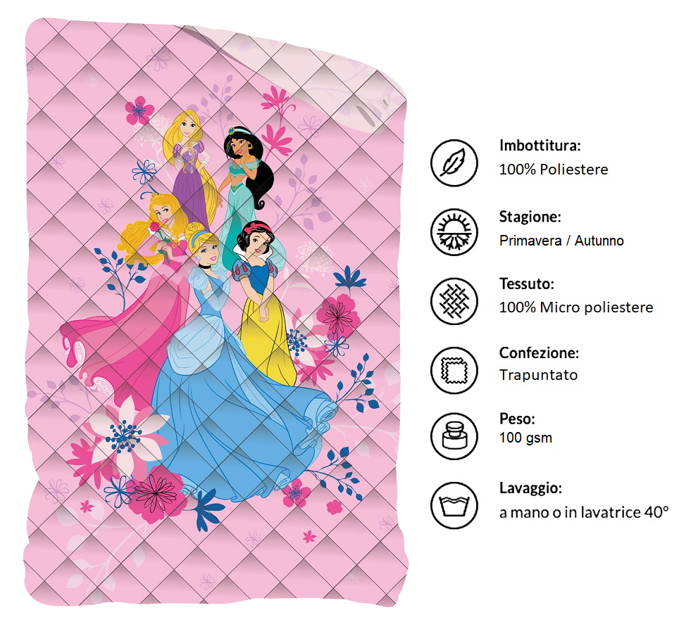 Trapuntino Doubleface Principesse DISNEY Coperta Copriletto Trapuntato 100 Gsm Letto Singolo 170x250 CM - Pri1771