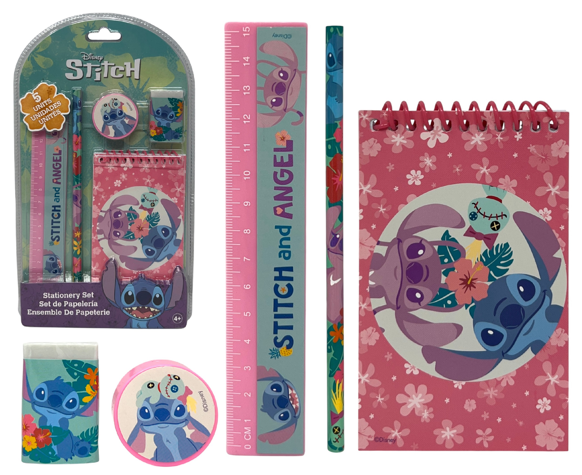 Set Cancelleria Stitch e Angel DISNEY 5 Pezzi Block Notes Matita Gomma Temperamatite e Righello - St00075