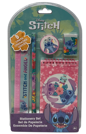 Set Cancelleria Stitch e Angel DISNEY 5 Pezzi Block Notes Matita Gomma Temperamatite e Righello - St00075