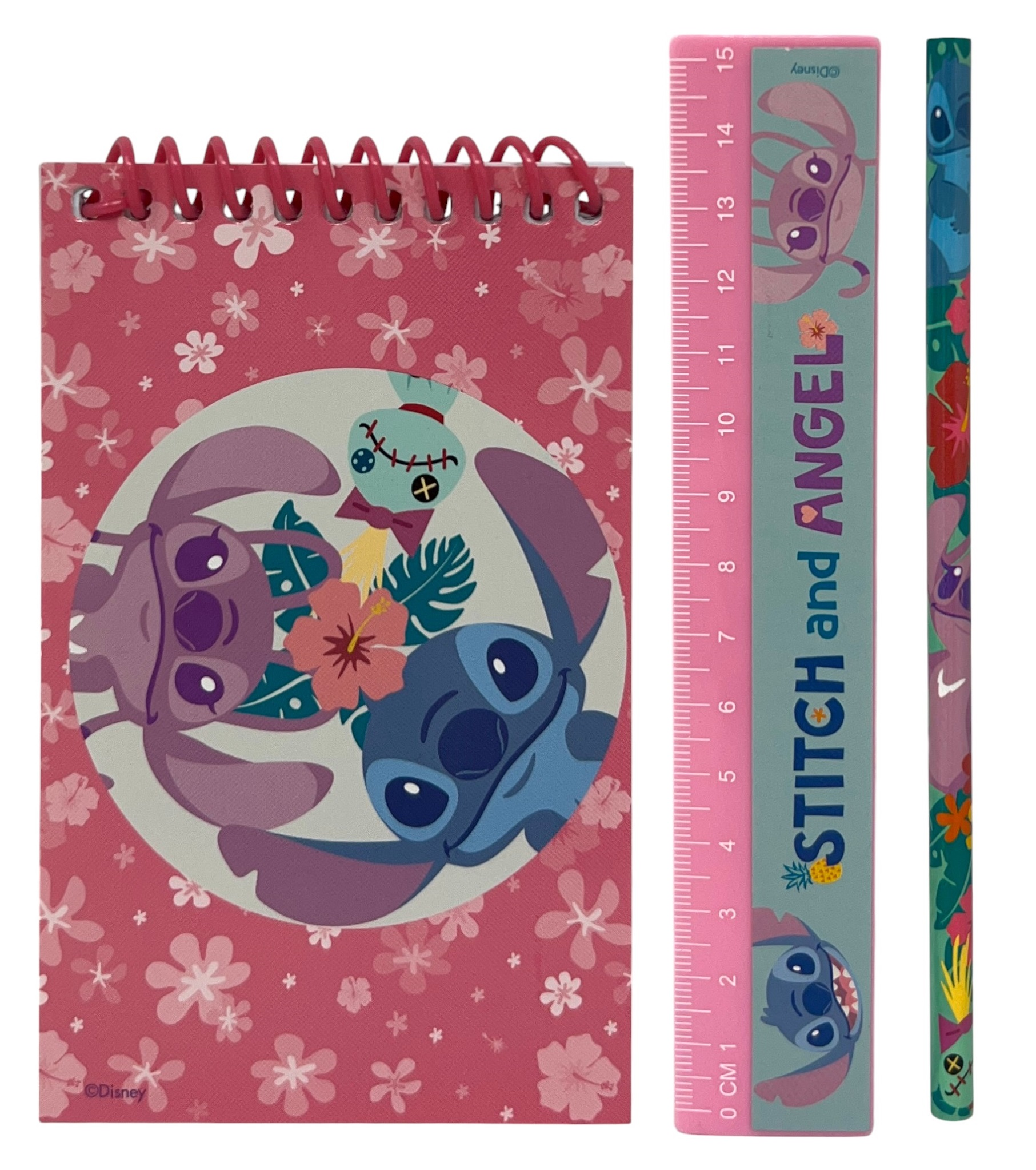 Set Cancelleria Stitch e Angel DISNEY 5 Pezzi Block Notes Matita Gomma Temperamatite e Righello - St00075