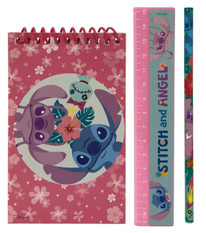 Set Cancelleria Stitch e Angel DISNEY 5 Pezzi Block Notes Matita Gomma Temperamatite e Righello - St00075