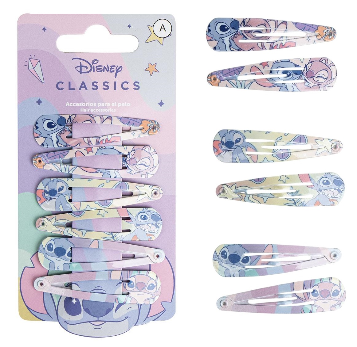 Set Mollette Stitch e Angel DISNEY Modello Clic Clac 6 Pezzi Accessori per Capelli - 3065